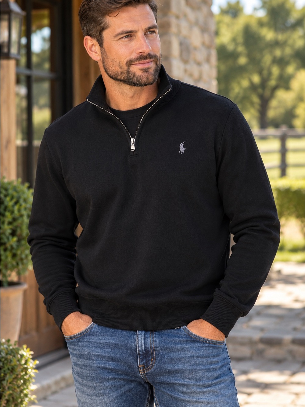 Polo Ralph Lauren Black Quarter-Zip Sweater with Contrast Pony Sz L